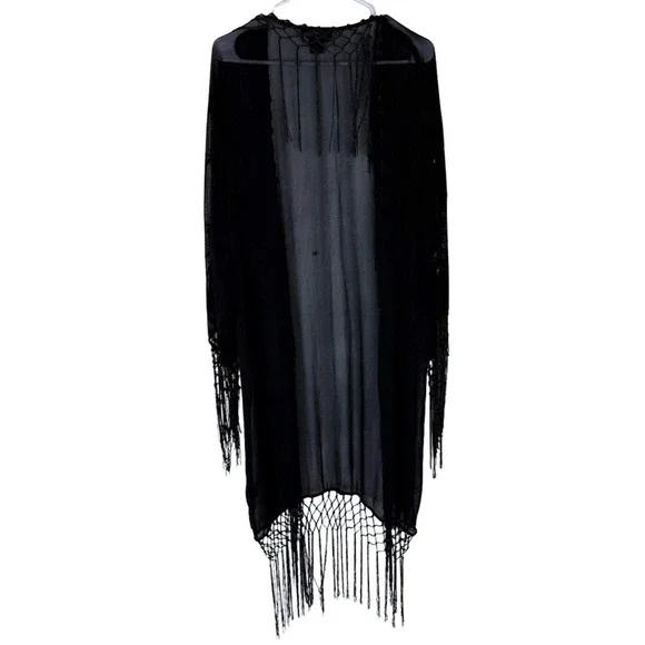 Black Sheer Sequin Beaded Fringe Kimono Jacket Open Front Festival Cover Up - Picture 2 of 6